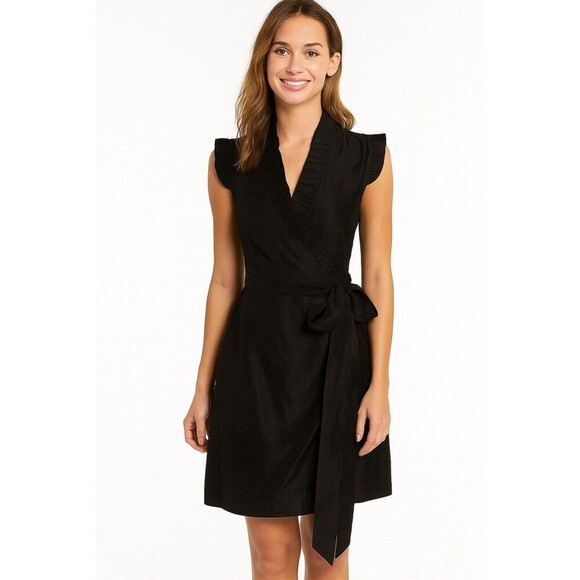 Kate Spade Aubrey Wrap Silk Blend Black Dress Ruffle Trim Women’s Size Small - Picture 1 of 11